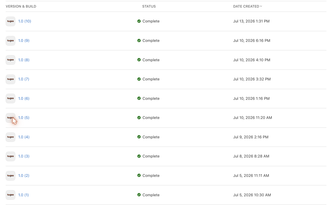 The TestFlight build list in App Store Connect: ten builds, 1.0 (1) to 1.0 (10), every one marked Complete. Dated 5 to 13 July 2026 — 1.0 (1) to 1.0 (9) span six days, and five of them shipped on 10 July alone.